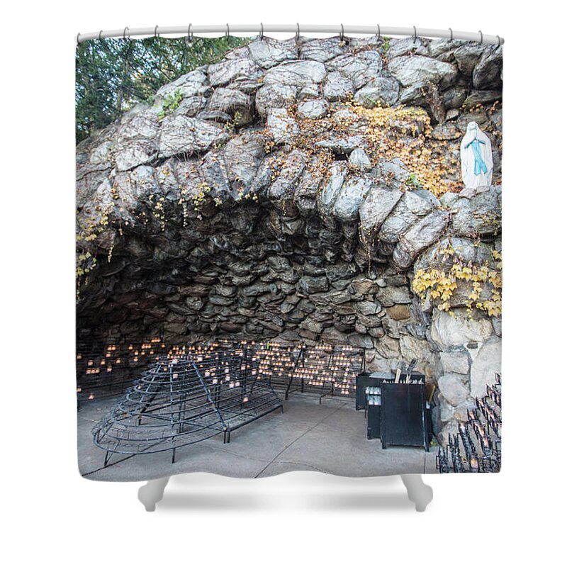 American University Shower Curtain featuring the photograph Grotto of our lady of Lourdes 2 by John McGraw