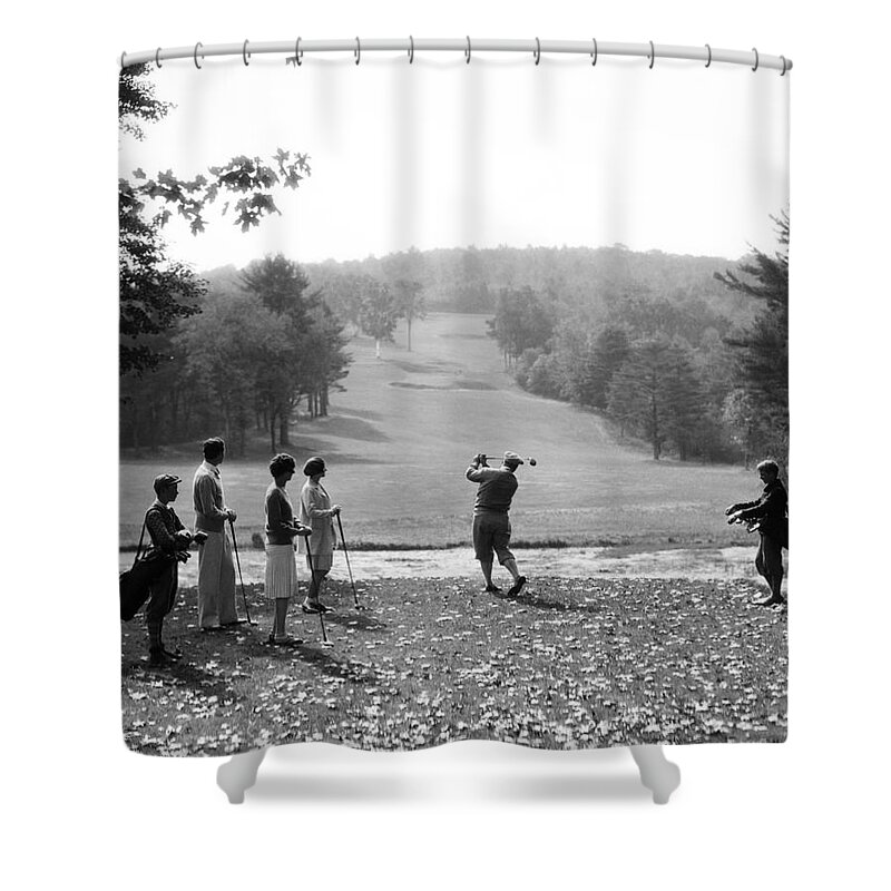 1920s Shower Curtain featuring the photograph Group Of Golfers Teeing Off, C.1920-30s by H. Armstrong Roberts/ClassicStock