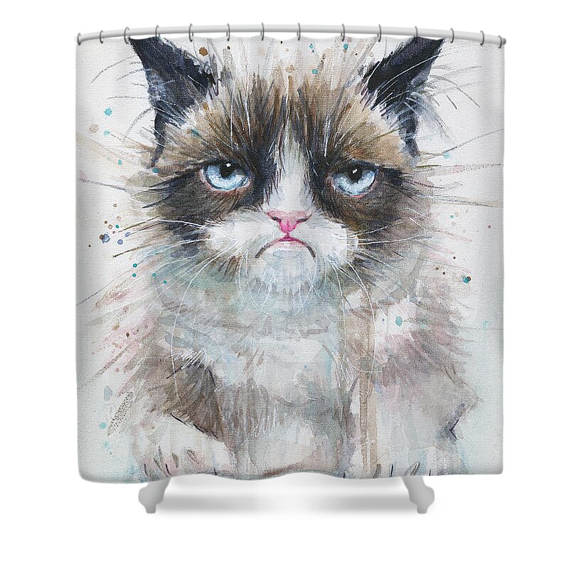 Watercolor Shower Curtain featuring the painting Grumpy Cat Watercolor Painting by Olga Shvartsur