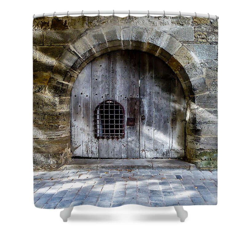Door Shower Curtain featuring the photograph Guard Tower Door - Rothenburg by Pamela Newcomb