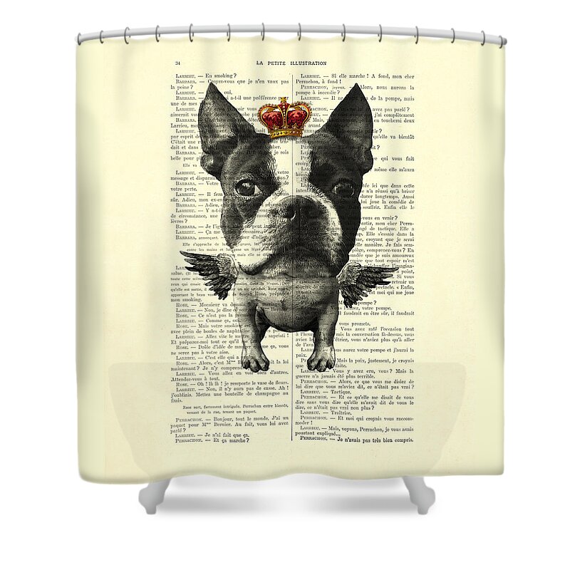 Angel Dog Shower Curtain featuring the digital art Boston Terrier With Wings And Red Crown Vintage Illustration Collage by Madame Memento