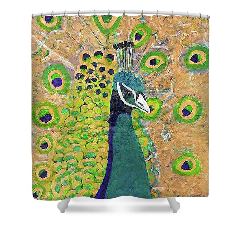 Margaret Harmon Shower Curtain featuring the painting Guilded Peacock by Margaret Harmon