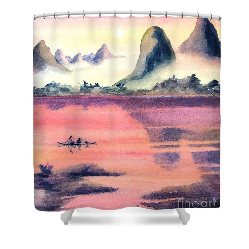 Landscape Shower Curtain featuring the painting Guilin Dawn by Petra Burgmann