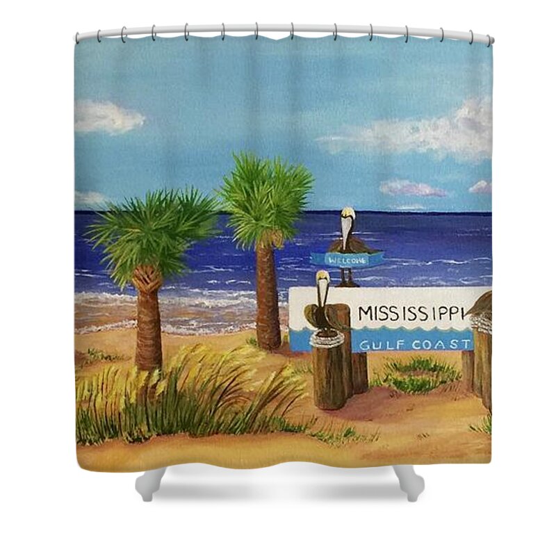 Mississippi Shower Curtain featuring the painting Gulf Shore Welcome by Jane Ricker
