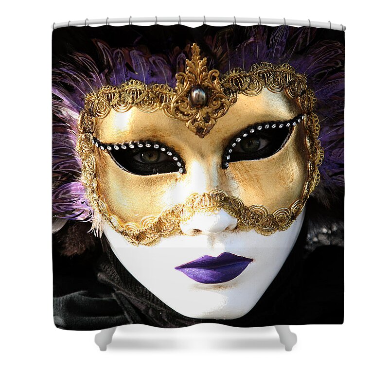 Venice Carnival Shower Curtain featuring the photograph Gunilla Maria's Purple Feathers by Donna Corless