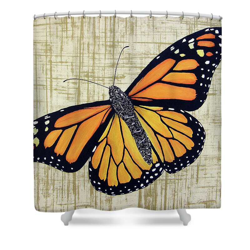 Monarch Shower Curtain featuring the mixed media Gwyneth by Jacqueline Bevan