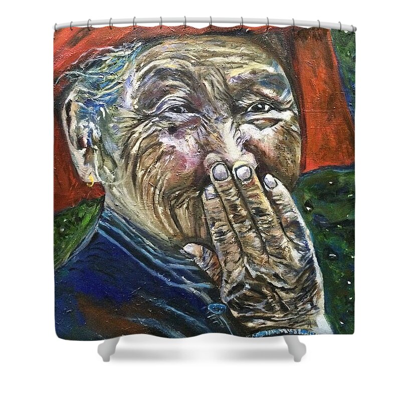 Old Woman Shower Curtain featuring the painting H A P P Y by Belinda Low