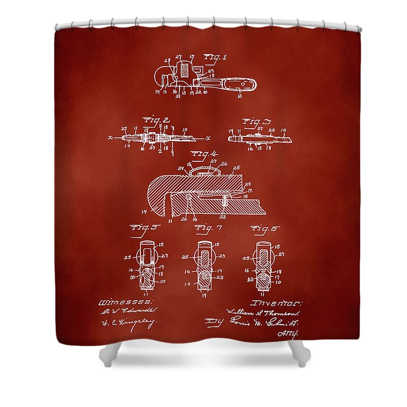 H D Smith Shower Curtain featuring the digital art H. D. Smith Perfect Handle Pipe Wrench Patent White on Red by David Smith