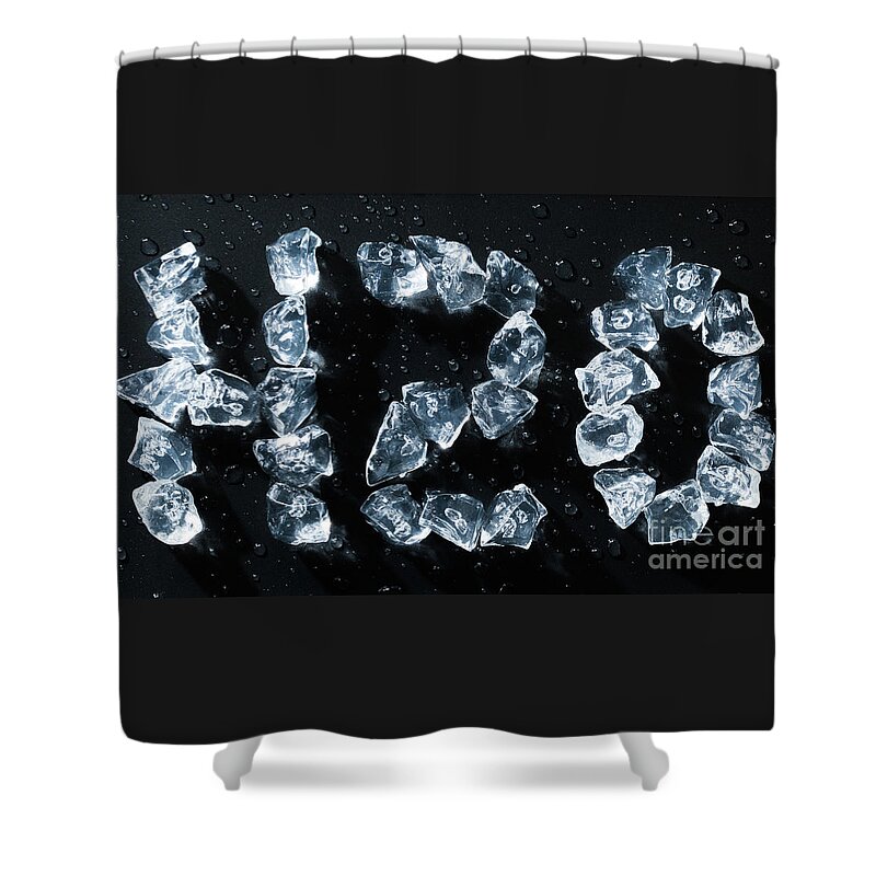 H2o Shower Curtain featuring the photograph H2O water symbol written in ice cubes and melting by Simon Bratt