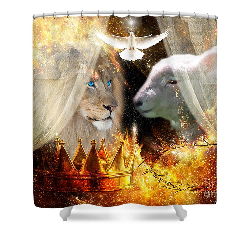 Lion Of Judah Lamb Of God Holy Spirit Shower Curtain featuring the digital art Ha-shilush Ha-kadosh by Dolores Develde