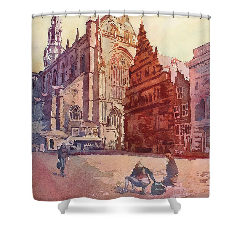The Netherlands Shower Curtain featuring the painting Haarelm Kirk Square by Jenny Armitage