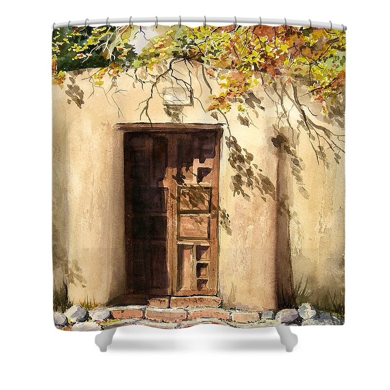 Door Shower Curtain featuring the painting Hacienda Gate by Sam Sidders