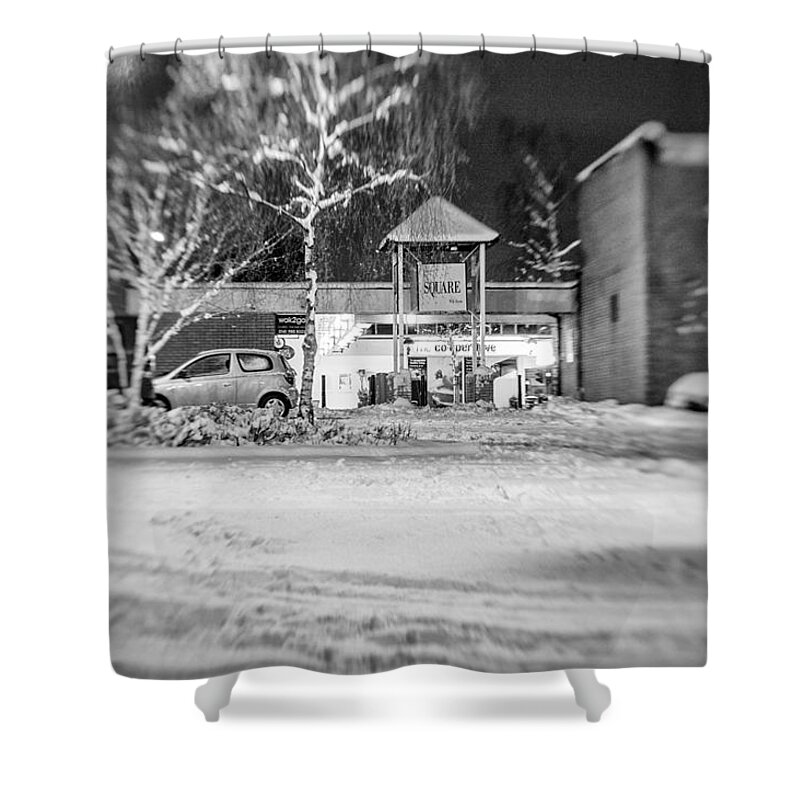 Hale Barns Shower Curtain featuring the photograph Hale Barns Square in the snow by Neil Alexander Photography