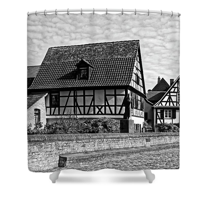 Old Half Timbered Houses Shower Curtain featuring the photograph Half Timbered Houses Black and White by Sally Weigand