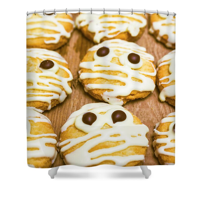 Mummies Shower Curtain featuring the photograph Halloween little monster biscuits by Jorgo Photography