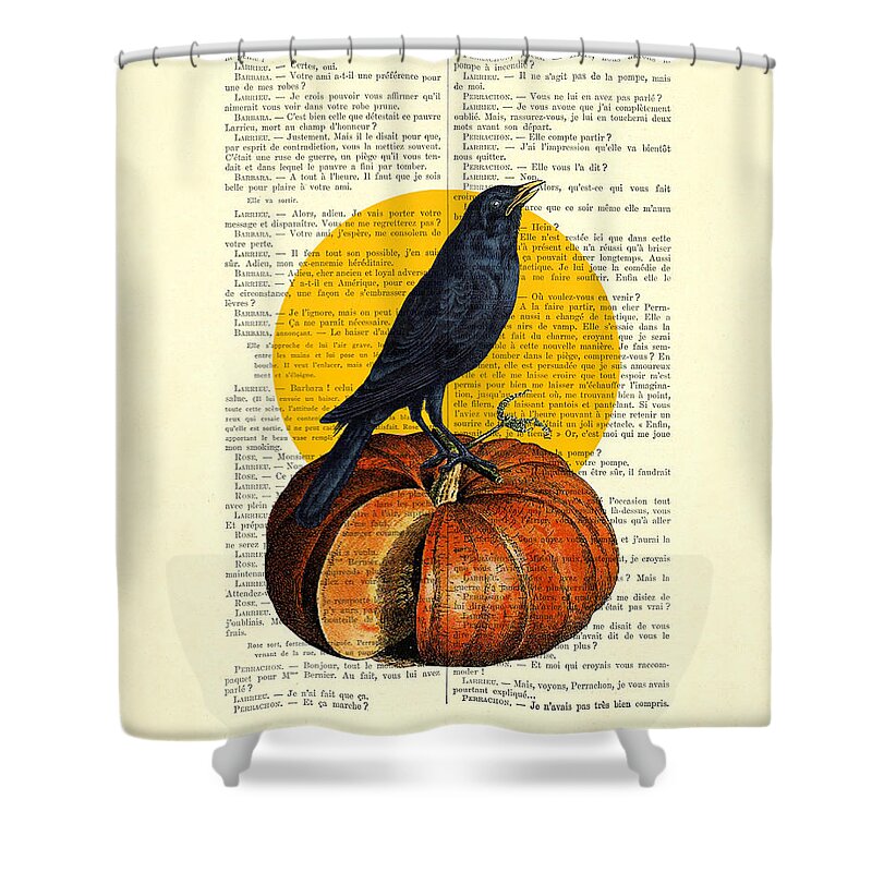 Crow Shower Curtain featuring the digital art Halloween pumpkin and crow decoration by Madame Memento