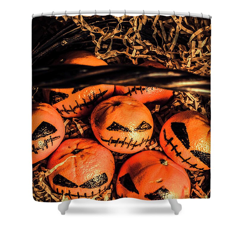 Scary Shower Curtain featuring the photograph Halloween pumpkin head gathering by Jorgo Photography
