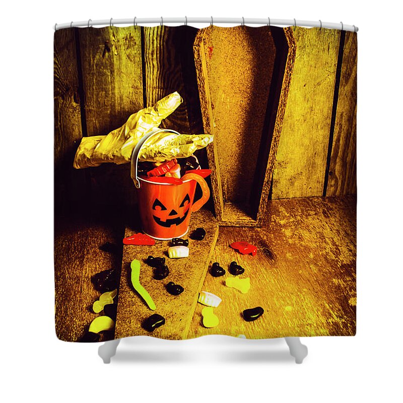 Pumpkin Shower Curtain featuring the photograph Halloween trick of treats background by Jorgo Photography