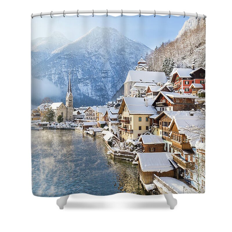 Alpine Shower Curtain featuring the photograph Hallstatt in Winter by JR Photography