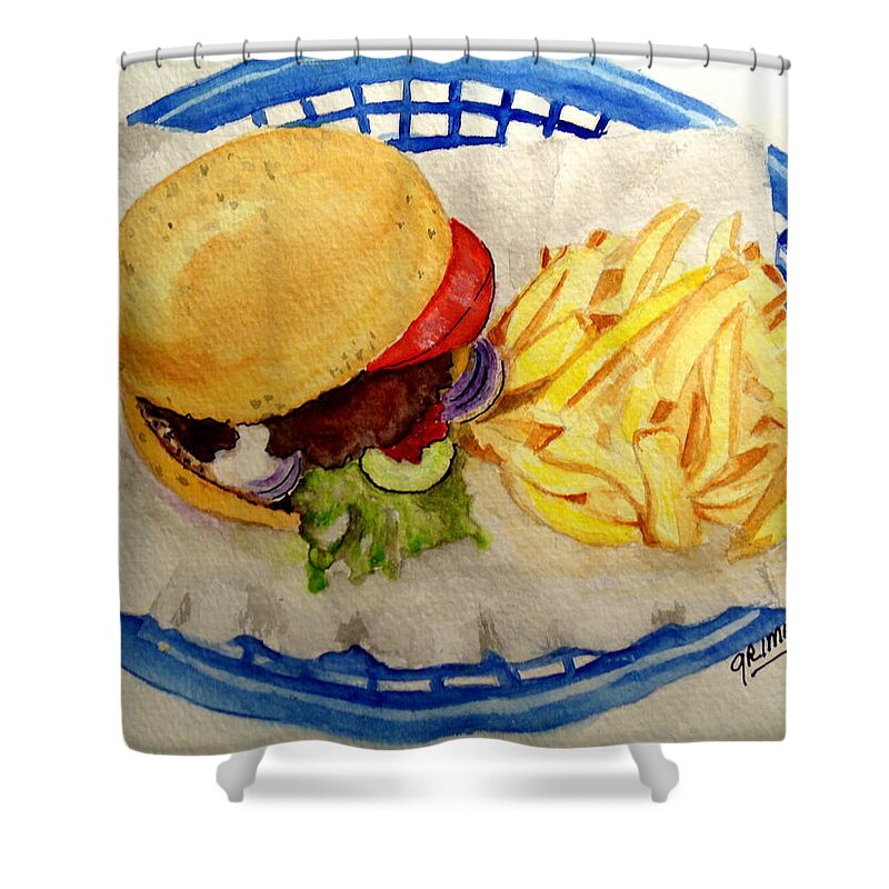 Hamburger Shower Curtain featuring the painting Hamburger Basket #2 by Carol Grimes