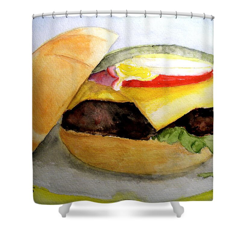 Hamburger Shower Curtain featuring the painting Hamburger on Kasier Roll by Carol Grimes