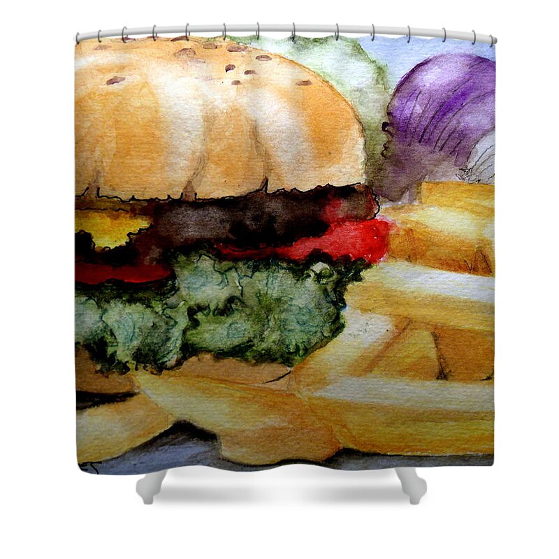 Hamburger Shower Curtain featuring the painting Hamburger with Fries by Carol Grimes