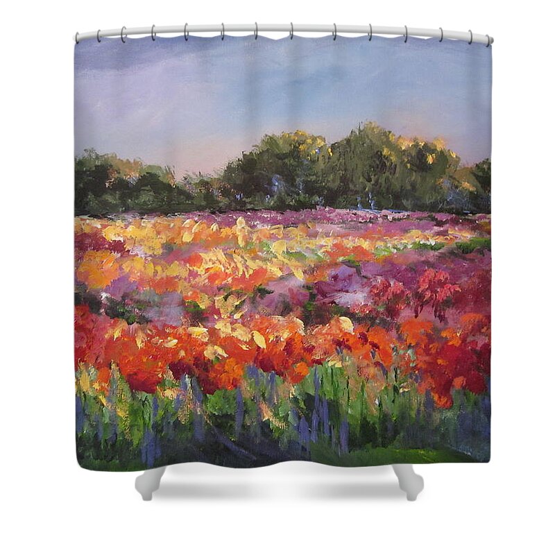 Floral Shower Curtain featuring the painting Hamilton Dahlia Farm by Sandra Strohschein