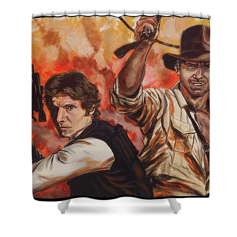 Han Solo Shower Curtain featuring the painting Han Solo and Indiana Jones by Joel Tesch