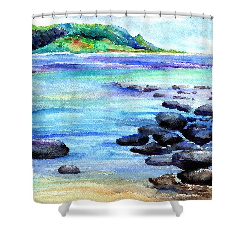 Hanalei Shower Curtain featuring the painting Hanalei Bay Love by Marionette Taboniar