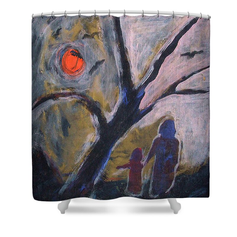 Katt Yanda Shower Curtain featuring the painting Hand in Hand Walk Under the Moon by Katt Yanda