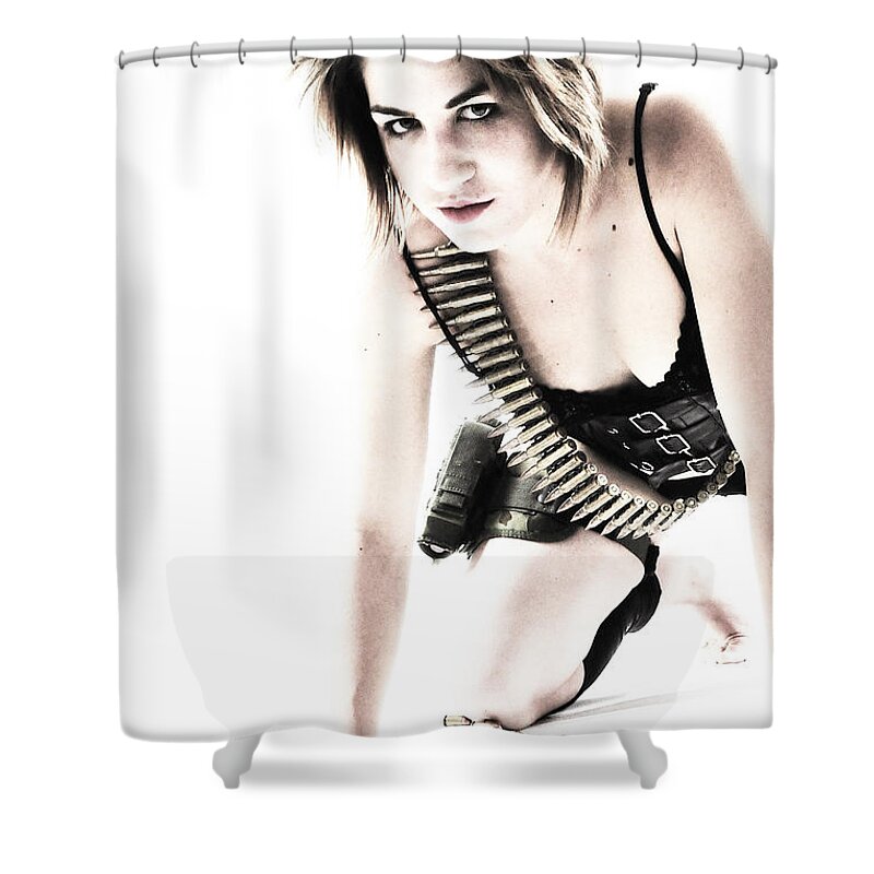 Fetish Photographs Shower Curtain featuring the photograph Hand full of cartridges by Robert WK Clark