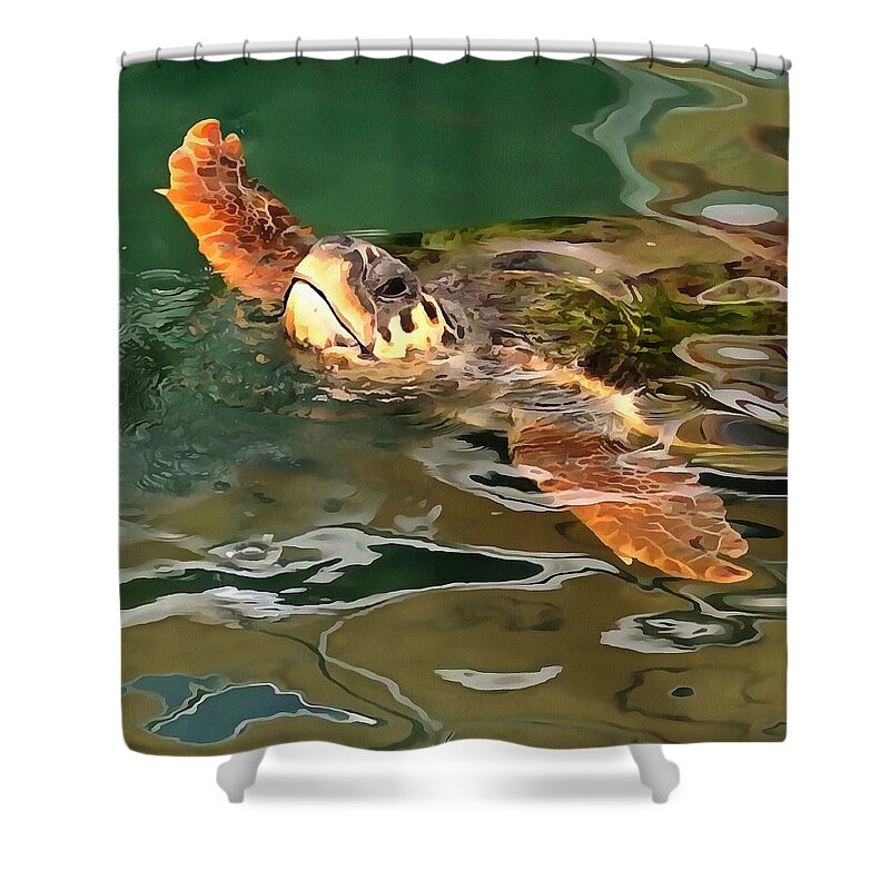 Animal Shower Curtain featuring the painting Hands Up For A Plastic Free Ocean Loggerhead Turtle by Taiche Acrylic Art