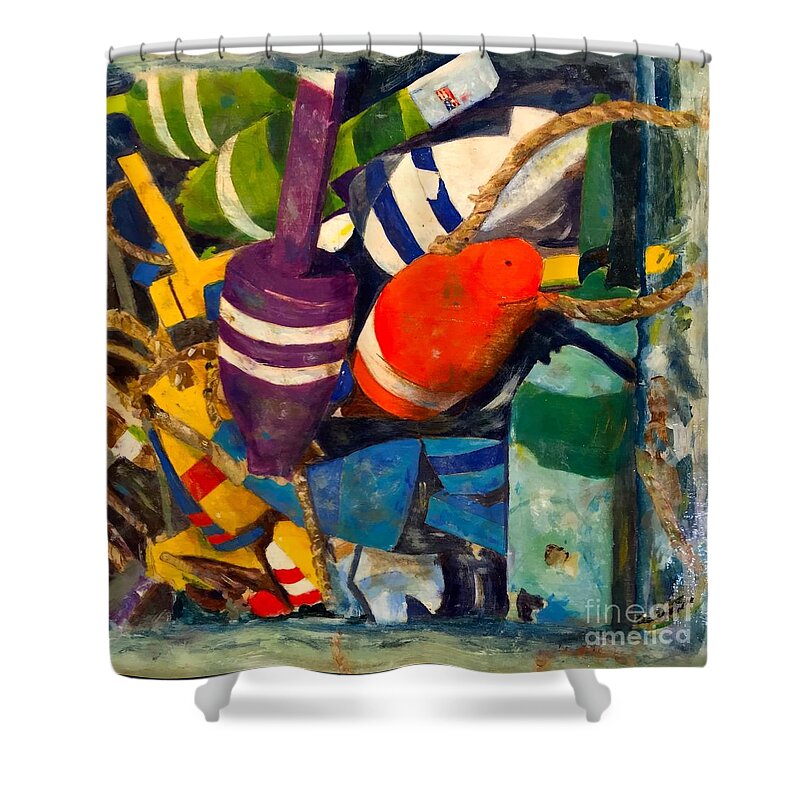 Marina Shower Curtain featuring the painting Hangin With The Buoys by Beth Saffer