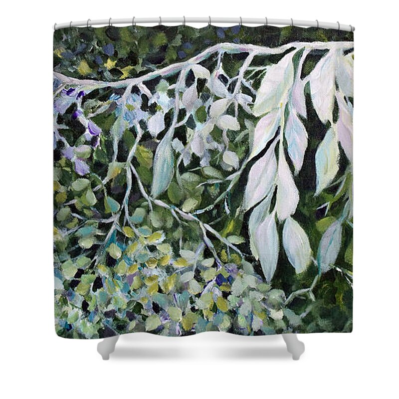 Leaves Shower Curtain featuring the painting Silver Spendor by Jo Smoley