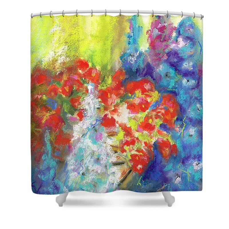 Flowers Shower Curtain featuring the painting Hanging with the Delphiniums by Frances Marino