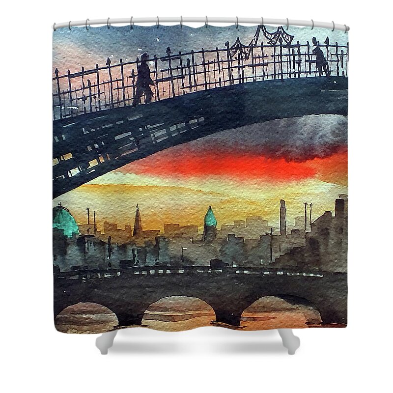 Silhouette Shower Curtain featuring the painting Hapenny Bridge Sunset, Dublin...27apr18 by Val Byrne
