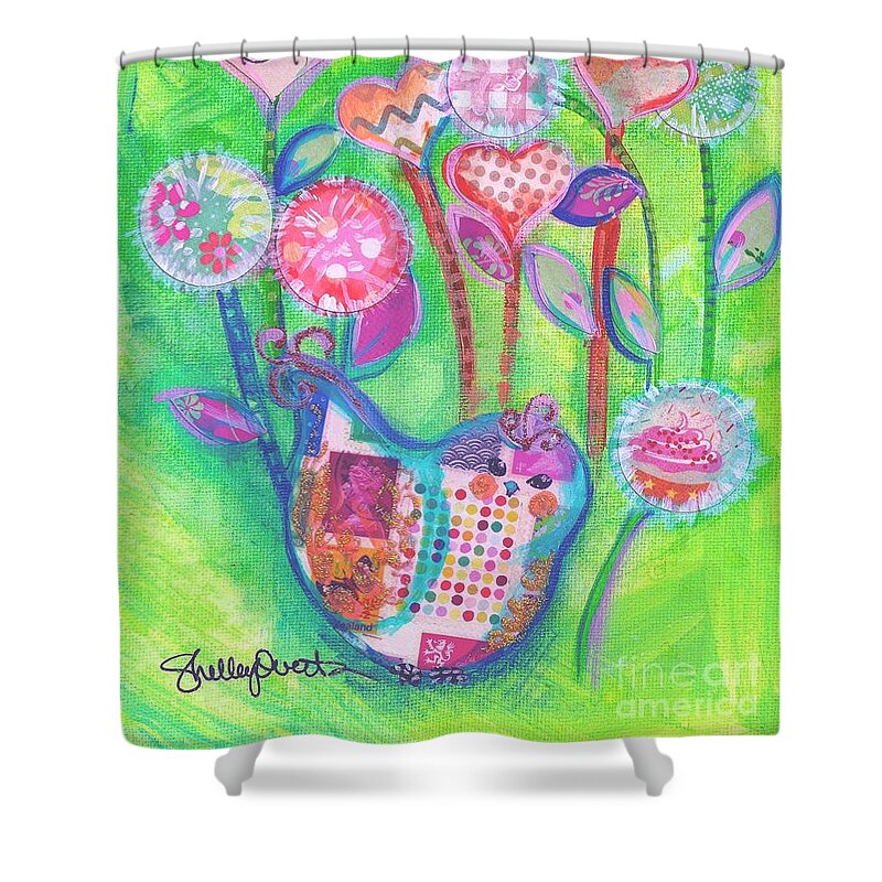 Bird Shower Curtain featuring the painting Happy Birthday Mindy Birdy by Shelley Overton