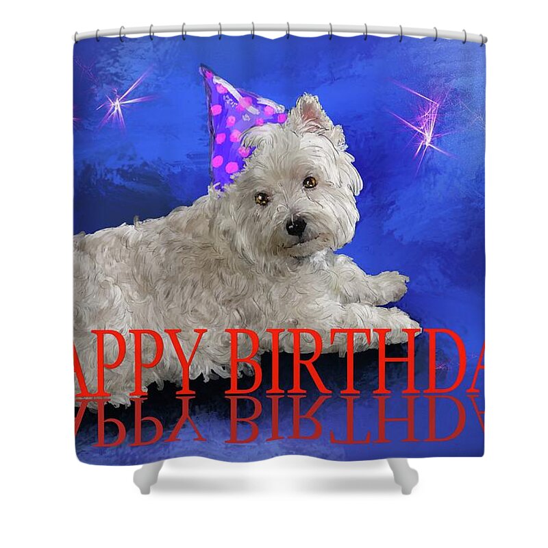 Happy Birthday Shower Curtain featuring the digital art Happy Birthday Westie by Debra Baldwin