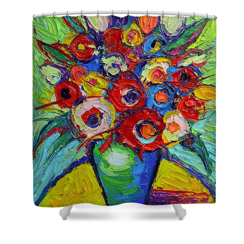 Abstract Shower Curtain featuring the painting Happy Bouquet Of Poppies And Colorful Wildflowers On Round Yellow Table Impasto Abstract Flowers by Ana Maria Edulescu