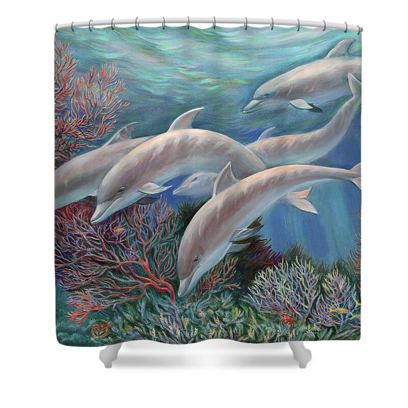 Dolphin Shower Curtain featuring the painting Happy Family - Dolphins Are Awesome by Svitozar Nenyuk