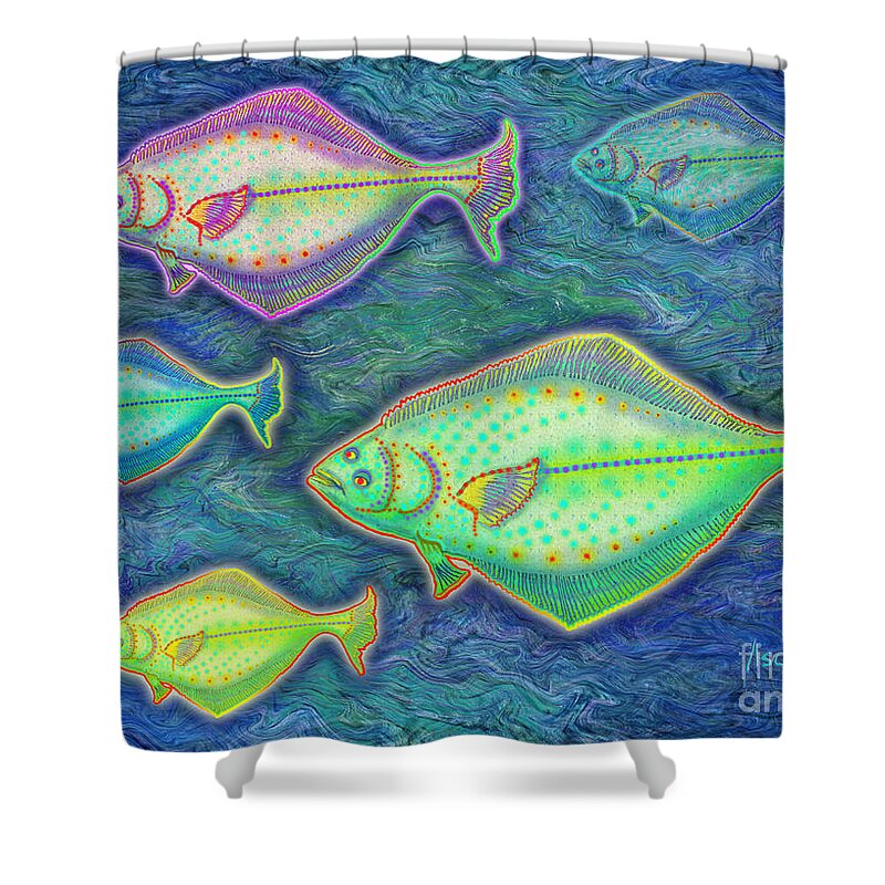 Happy Halibut I Shower Curtain featuring the mixed media Happy Halibut I by Teresa Ascone