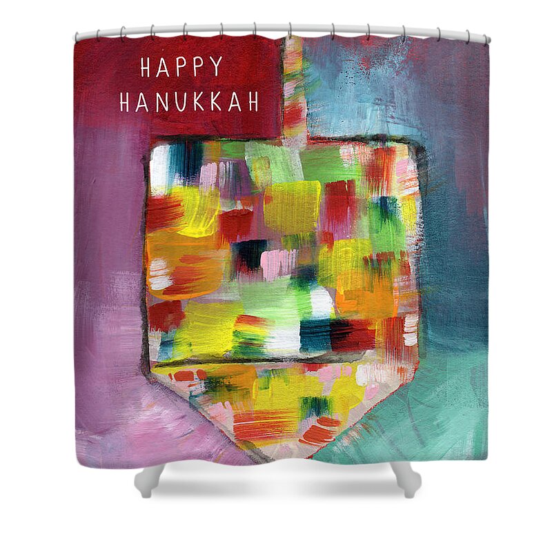 Hanukkah Card Shower Curtain featuring the painting Happy Hanukkah Dreidel Of Many Colors- Art by Linda Woods by Linda Woods