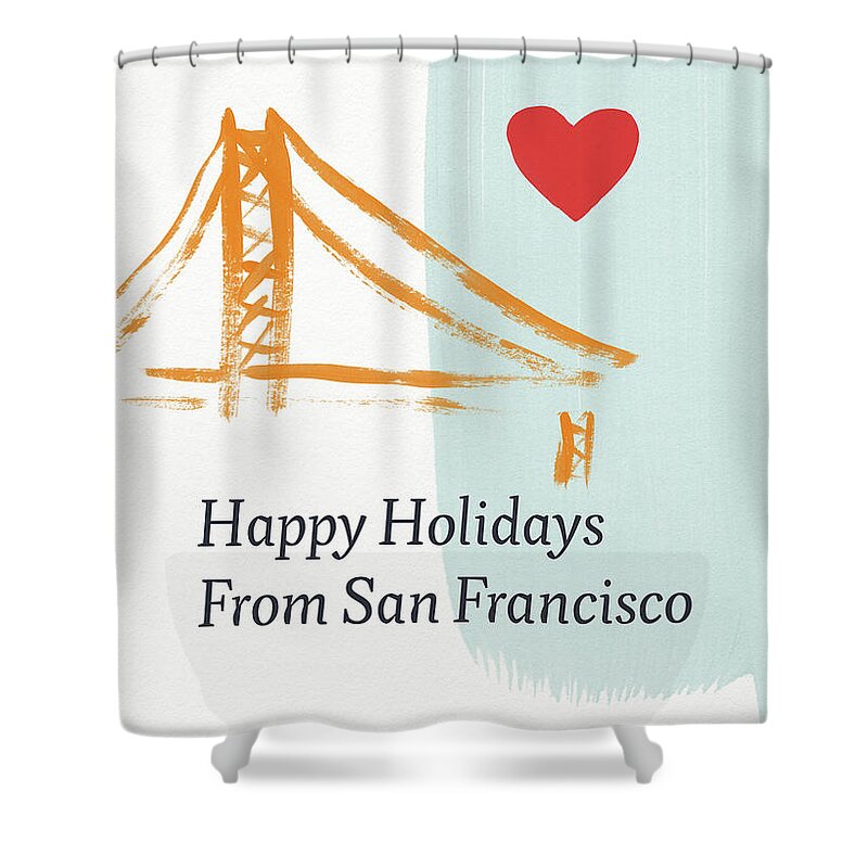 Holidays Shower Curtain featuring the mixed media Happy Holidays San Francisco- Art by Linda Woods by Linda Woods