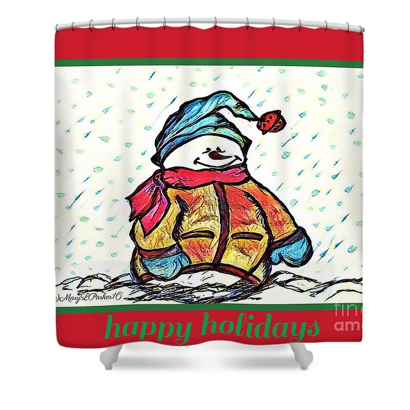 Happy Shower Curtain featuring the mixed media Happy Holidays Snowman by MaryLee Parker