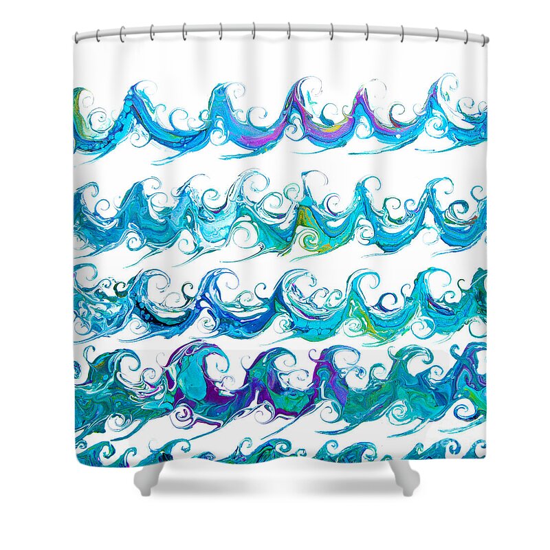 Sea Ocean Beach-theme Blue Green Water Waves Wave Patterns Spirals Fun Colorful Charming Shower Curtain featuring the painting Happy little waves #3184 by Priscilla Batzell Expressionist Art Studio Gallery