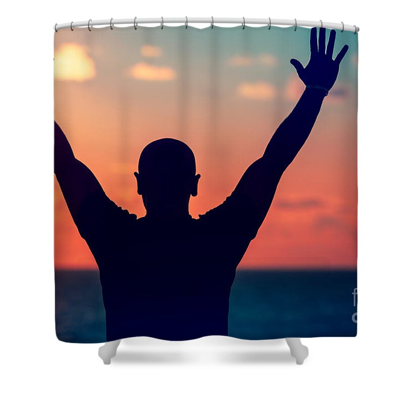 Action Shower Curtain featuring the photograph Happy man on the beach by Anna Om