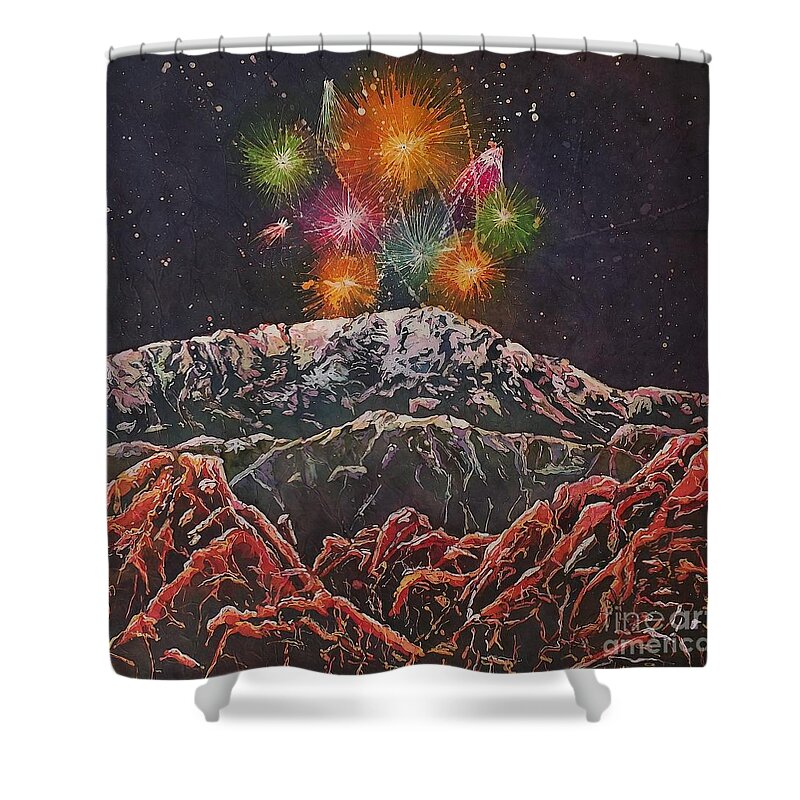 Fireworks Shower Curtain featuring the mixed media Happy New Year From America's Mountain by Carol Losinski Naylor