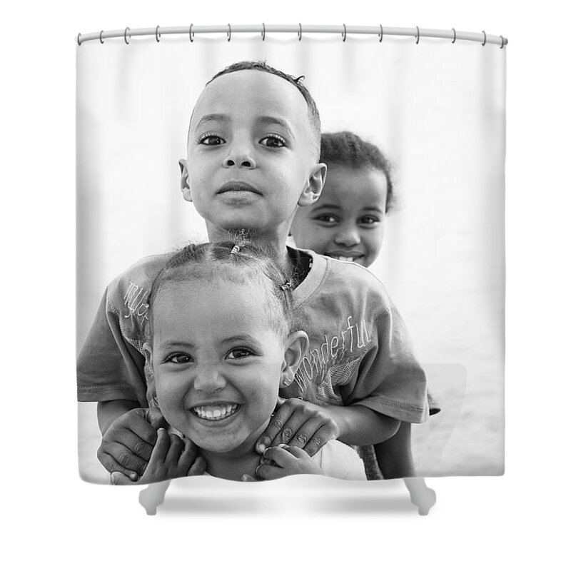 Happy Shower Curtain featuring the photograph Happy Smiling Ethiopian African Kids In Harar Near Somalia Borde by JM Travel Photography