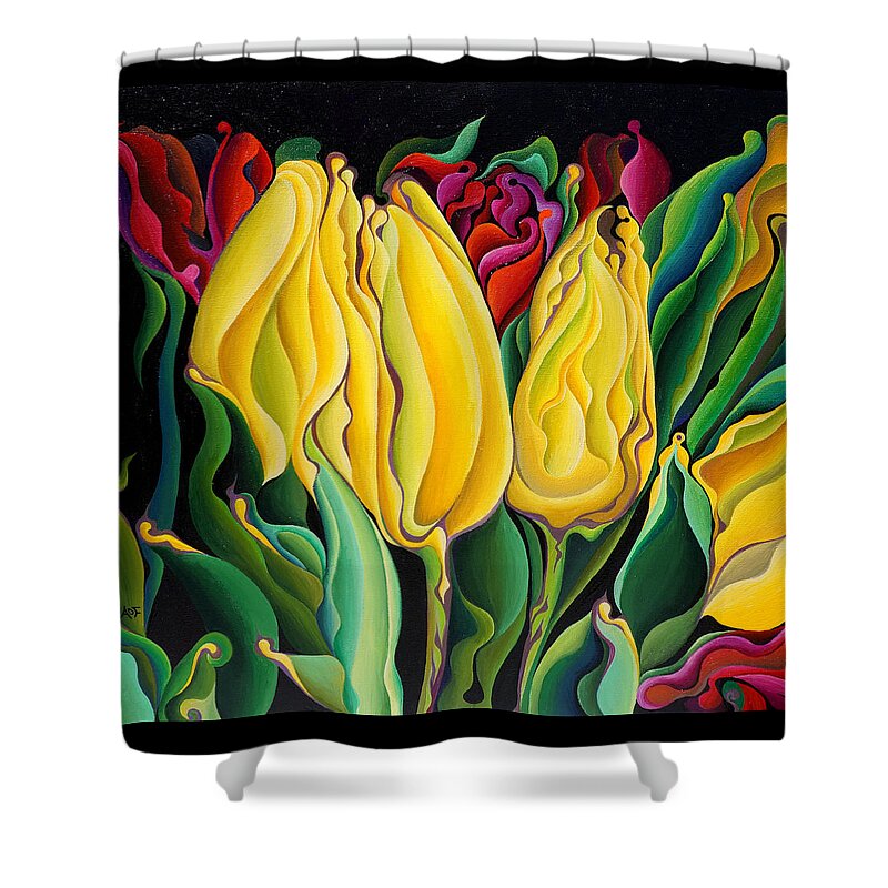 Tulips Shower Curtain featuring the painting Happy-Time Yellow Three-Lips by Amy Ferrari