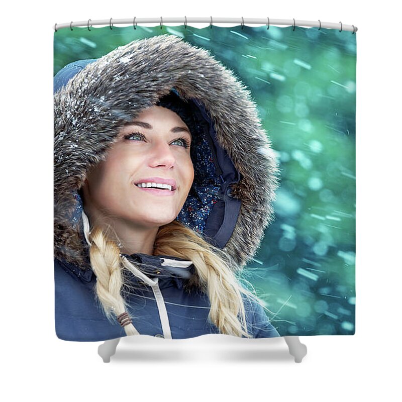Adult Shower Curtain featuring the photograph Happy woman in winter park by Anna Om